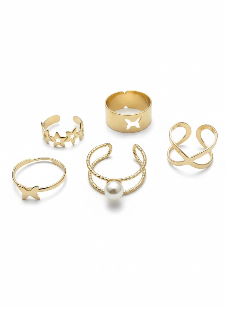 ZORRY Gold Plated Adjustable Ring Set for Women Pack of 5 Minimal Stackable Fashion Rings Waterproof Anti Tarnish Hypoallergenic Everyday Jewelry