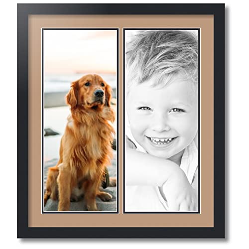 ArtToFrames Collage Photo Frame Double Mat with 2-8x20 inch Openings with Black Frame and Desert Sand Top Mat