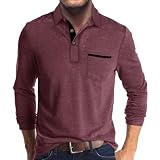 Mens Fashion Polo Shirts Cotton Classic Long Sleeve Thermal Button Shirt with Pocket Dark Red