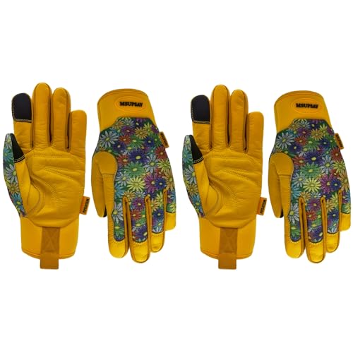 MSUPSAV 2 Pairs Gardening Gloves,Cowhide Leather Garden Gloves,Multipurpose Outdoor Yard