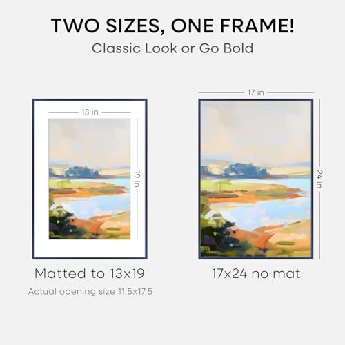 Image of Homeforia 17x24 Picture Frame Navy Blue, High End Metal 17x24 Poster Frames with Mat 13x19 Photo, 17 x 24 Navy Blue Frame Matted to 13 by 19 Print, 24x17 Thin Frame, Tempered Glass, Wall Kit, Set of 1