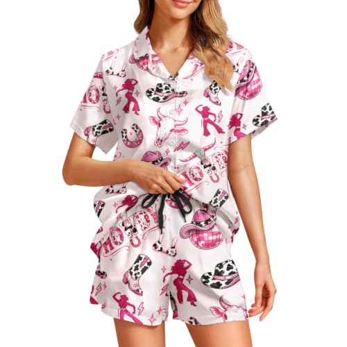 Image of Funny Pajamas for Women Set Print Satin Loungewear Pjs Short Sleeve Button Down Top and Shorts Sets Sleepwear XS-3XL