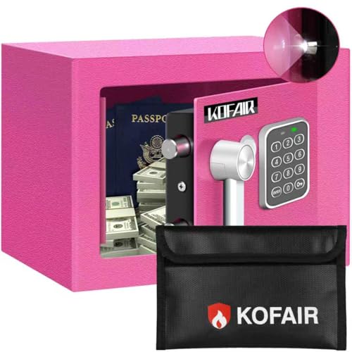 KOFAIR Safe Box for Home Safe (0.23 Cubic Feet) with Fireproof Bag, Personal for Money Safe for Cash Saving, Mini Safety with Key, Digital Safety with Light, Money Lock Box (Pink)