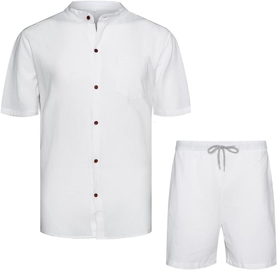 AOTORR Men's 2 Piece Linen Set Button Down Short Sleeve Shirt and Short Beach Outfit