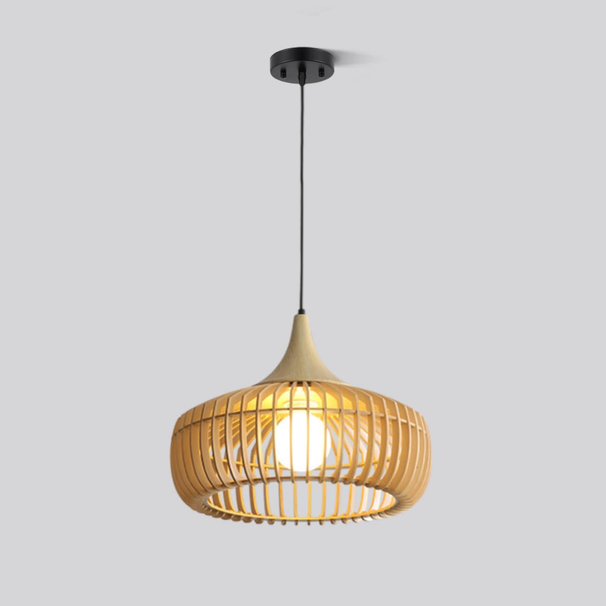LYMSXAZOU Farmhouse Wooden Pendant Light - Rustic Mid-Century Chandelier with Adjustable Cord 16.9" Walnut Cage Fixture(Beige,21.6")
