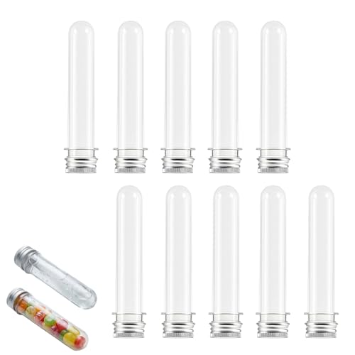 10-Pack Clear PET Plastic Test Tubes with Secure Screw Caps - 40ml Capacity Lab Tubes for Candy and Beads Storage, Scientific Experiments, and DIY Projects - Durable 25x140mm Container Solution