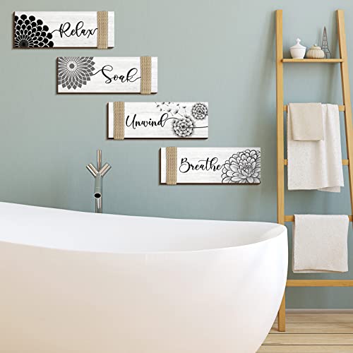 4 Pieces Farmhouse Bathroom Wall Decor Relax Soak Unwind Breathe Signs Rustic Bathroom Wall Art Floral Bathroom Signs Decor Vintage White Wooden Wall Art Decor For Home Spa Room Decor, 11 X 4 Inch #TOP4