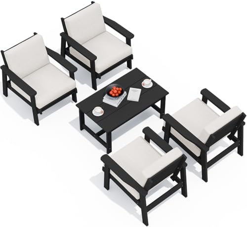 SERWALL Outdoor Patio Furniture Set, 5 Piece HDPE Patio Conversation Sets, All-Weather Wood-Like Outdoor Couch Loveseat and Coffee Table with Thick Cushions for Porch Balcony Garden Backyard