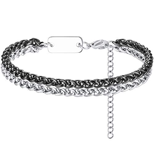 FIBO STEEL 4 mm Wide Wheat Chain Twist Rope Bracelet for Men Women Stainless Steel High Polished Adjustable Black Silver-Tone