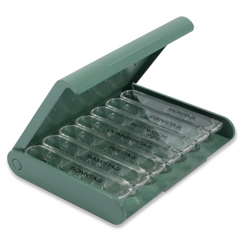 MEDICASE Exklusive und diskrete Tablettenbox 7 Tage | Dänisches Design | Hohe Qualität & Langlebigkeit | Für Heimgebrauch & Unterwegs | Kleine Dispenser, 4 Fächern, Wochentage auf Deutsch | Staub Grün