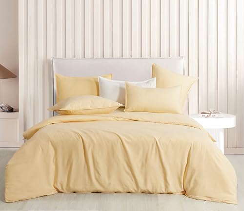 CleverPolly Vintage Washed Microfibre Quilt Cover Set - Ultra Soft, Breathable & Hypoallergenic for All-Season Comfort (Butter, Queen)