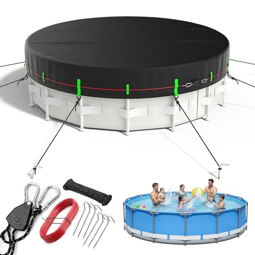 14ft Round Pool Cover for Above Ground Pools 420D Tear & UV Resistant Solar Pool Cover Triple Wind Protection with Pully Tensioner Elastic Hem & Ground Nails Snug Fit & Weatherproof