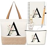 Hestya 5 Piezas Regalo con Letras Set Regalo Inicial con Bolsa Tote Neceser Llavero Libreta y Bolígrafo Set Alfabeto para Mujeres, Cumpleaños, Navidad(Blanco,Letra A)