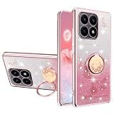 YUEQIAN Cover Glitter per Xiaomi 15T 5G, Ultra Sottile Trasparente Brillantini Molle TPU Silicone Antiurto Custodia, Brilla Fiori Anello Supporto Donna Case. Rosa