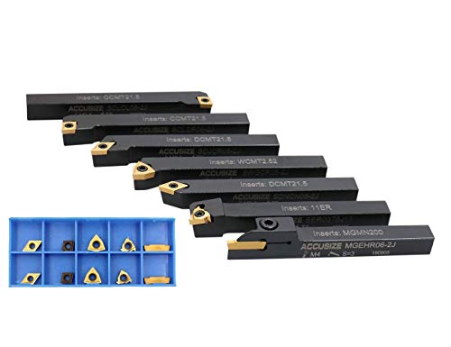 Accusize Industrial Tools 7 Pieces/Set 3/8'' Indexable Carbide Turning Tool Set With 10 Extra Carbide Inserts In Fitted Box, 2387-2003Plus #TOP1