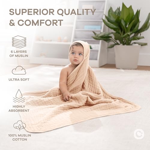 Image of Comfy Cubs Hooded Baby Towel 1-Pack, Large 32 x 32 Inch - 6 Layer 100% Muslin Cotton for Babies, Toddlers and Kids - Soft & Absorbent Baby Bath Towels - Unisex Design for Bath Time - Cream