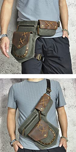 Handadsume Water Resistant Canvas + Leather Motorcycle Travel Fanny Waist Pack Drop Thigh Leg Bag Pouch for Men Women FB211-8 (Green) - Image 4