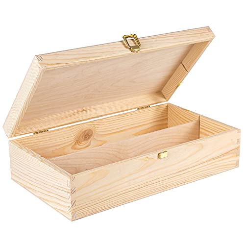Creative Deco Wein-Kiste aus Natürliches Kiefern-Holz | Wein-Box für 2 Flaschen mit Deckel und Verschluss | 35 x 20 x 9,5 cm | Perfekt für Decoupage, Lagerung, Dekoration oder als Geschenk-Holzkiste