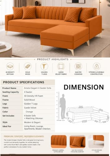 Image of AMATA Falcon ele 4 Seater Fabric Suede Velvet Orange Colour Sofa Set with Four Cushions Perfect for Home Office Guests Living Room (Falcon Orange 01, Falcon 4 Seater l Shape)