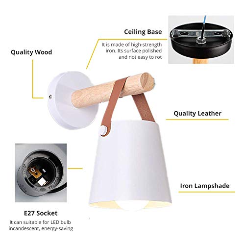 Aplique de pared LED blanco de madera y cuero con base E27 para dormitorio 3