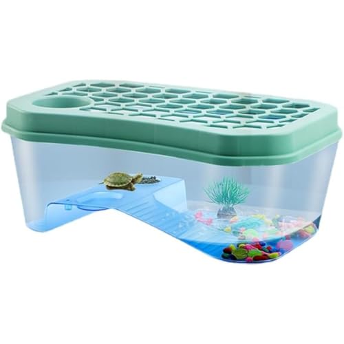 大きい プラスチック 亀水槽 脱出防止フェンス付き 排水孔 階段 エサ皿 日向ぼっこ台 ミドリガメ クサガメ スッポン用 爬虫類繁殖飼育ケース タートルタンク 観察ボックス (ブルー)