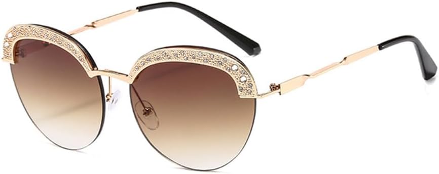 Round Sunglasses Women Diamond Semi-Rimless Alloy Frame Gradients Lens Metal Hinge UV400