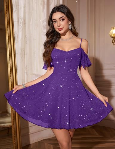 Image of Meetjen Women's Short Cocktail Dresses for Teens Formal Homecoming Sparkly Off Shoulder Tulle Sequin Prom Party Dress