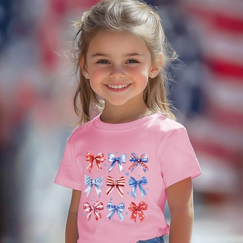 Image of Girl American Flag Shirts Bow Tshirt 4th of July Shirt Cotton Short Sleeve Tees 2-12 Years