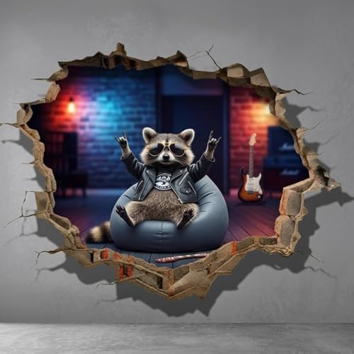 3D Raccoon Wall Decal, 5 Inch Vinyl Sticker, Retro Room Design with Lava Lamp (Cool Raccoon)
