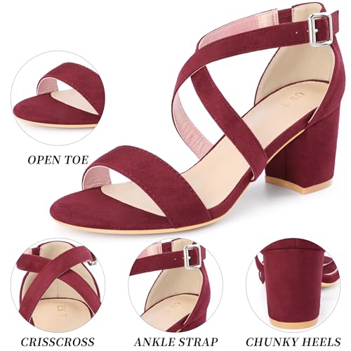 Allegra K Allegra K Women's Crisscross Ankle Strap Burgundy Block Heel Sandals 6 M US