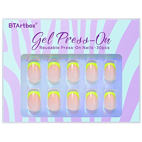 French Tip Press On Nails - Btartbox Square False Nails With Glue, 30 Pcs Short Press On Nails, Fit Perfectly & Natural Reusable Glue On Nails In 15 Sizes Soft Gel Glue On Nails Kit, Neon Yellow #TOP6