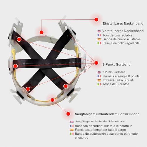 Foto von GUARD 5 - BAU-Schutzhelm - DIN EN 397 - Einstellbarer Arbeitshelm - Bauarbeiterhelm Schutzhelm Bauhelm - mit 6-Punkt Gurtband mit Leder Schweißband an der Stirn (Weiß)