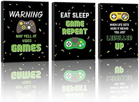 HPNIUB Video Game Art Prints, Funny Quotes Painting, Set of 3 Pieces (11.8x15.6inch) Canvas Gamer Gaming Inspirational Poster with Framed Ready to Hang for Boys Bedroom Game Room Playroom Decor