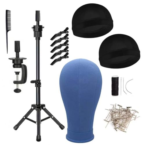GOODColla Wig Head, Canvas Mannequin Head with Wig Stand, Wig Head Stand with Canvas Mannequin Head for Wig Display, Canvas Block Mannequin Head with T Pins Set Hair Styling Practice Display