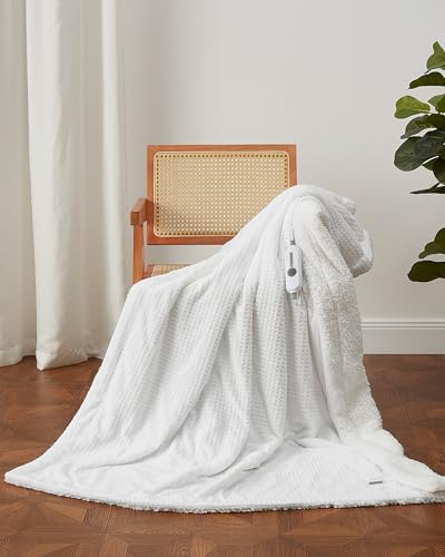 Garvee Heated Blanket Throw, Waffle Electric Throw Blankets with ETL Certified, Soft Flannel Heating Blanket for Couch, 4 Heat Levels, Auto Off, Machine Washable, White, 50