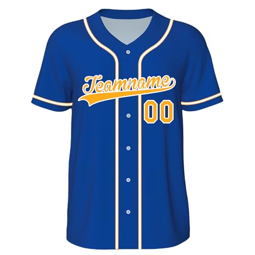 Custom Baseball Jersey Personalized Button Down Shirts with Name Team Number for Men Women Boy Kids Uniform Deep Blue-Yellow