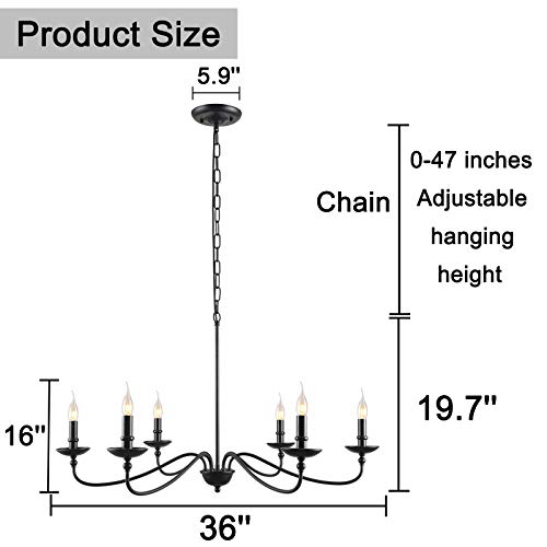 Seol SLP1902BK Light 36 Inch Dia Classic Candelabra Style Large Dining Room Chandeliers Farmhouse Ceiling Hanging Pendant Light Fixture 6 Light 240W Black Painted Indoor thumb #6