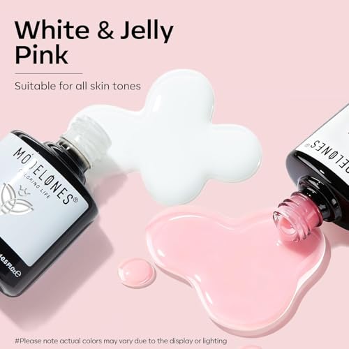 Image of modelones French Manicure Tip Gel Polish Set, 2Pcs 15ML White Jelly Pink Gel Nail Polish Kit Light Pink Milky White French Tip Nail Base Colors Soak Off LED DIY at Home Salon for Women
