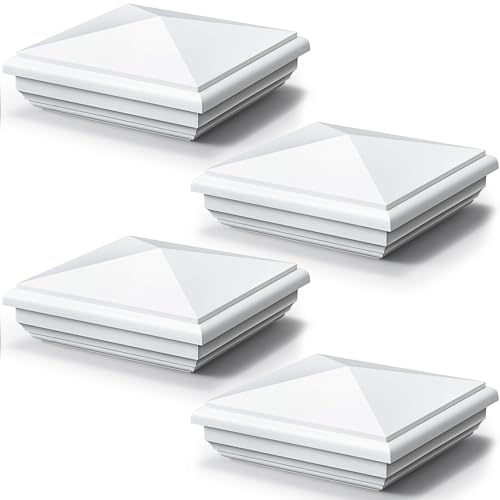 Sasylvia 4 Pcs 5 x 5 Inch Vinyl Fence Post Caps (Actual 5x5) White PVC England Style Cap Top Pyramid Square Waterproof UV Resistant Decorative Vinyl Fence Post Caps