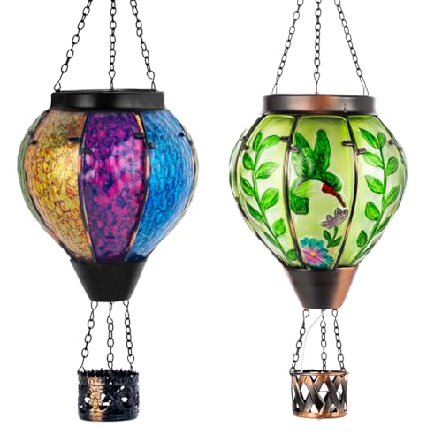 Giole Solar Hot Air Balloon Outdoor Lantern with Flickering Flame, Hummingbird Pattern Glass Hanging Outdoor Lantern Waterproof Decorative Lantern Lamp for Patio, Garden, Porch