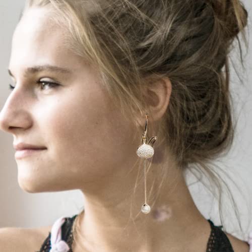 Sonateomber Cute Cartoon Funny Bunny Dangle Earrings For Women Girls - Sparkly Cubic Zirconia Rhinestone Asymmetrical Long Drop Pearl Rabbit Open Hoop Huggie Easter Jewelry Gift #TOP1