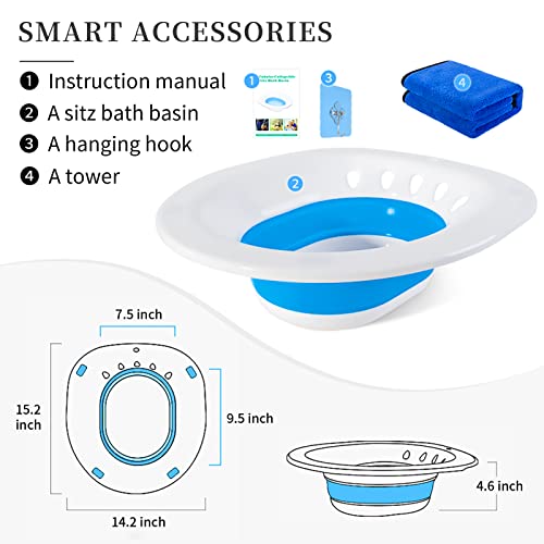 Sitz Bath for Toilet Hemorrhoids Postpartum Care, Perineal Soaking Bath Over The Toilet Seat, Collapsible Sitz Basin with Flusher for Vaginal Anal Inflammation Treatment, Yoni Steam Seat, White/Blue - Thumbnail 6