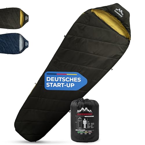 ALPENWERT® Schlafsack Sommer Ultraleicht & klein [15x27cm Packmaß] – Wasserabweisend, YKK Reißverschluss, Kältebrücke & Einklemmschutz – Perfekt für Camping & Festival (Dunkeloliv/Senfgelb)
