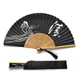 evantail pliant à la main en bambou en coton noire，inclure une pochette en soie，eventail japonais éventail chinois 22cm
