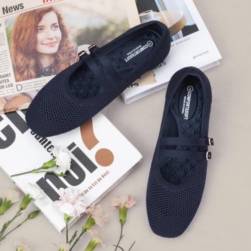Image of Frank Mully Women's Flats Square Toe Mary Jane Shoes Ballet Flats with Strap Comfortable Slip On Knit Shoes Dressy Casual