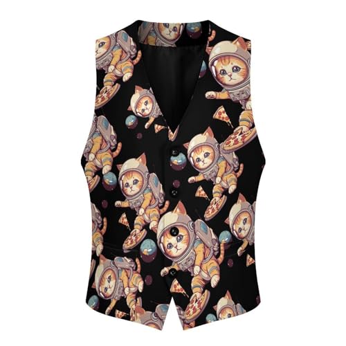 Funny Cat Flying A Pizza Astronaut Men's Suit Vests Business Formal Dress V-Neck Waistcoat Tops with 2 Pockets4