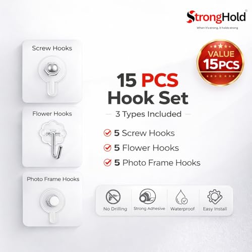 Image of StrongHold Wall Hook Combo Pack of 15 - (5 Pcs of Each Hooks) | Self Adhesive Photo FrameHooks, ScrewHooks & FlowerHooks | Heavy Duty Transparent & Stainless Steel Wall Hooks