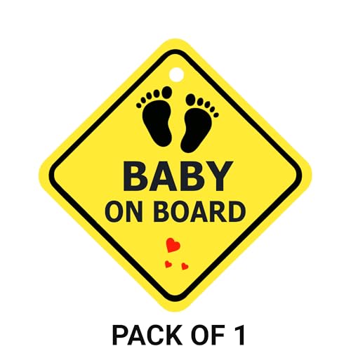 Image of Baby on Board Car Hanging Sign - Newborn Safety Sign for Rear Windshield with Suction Cup, 300 GSM Laminated Board, 20.32 cm, Yellow (Pack of 1, 20.32 x 20.32 cm),Double Side Printed