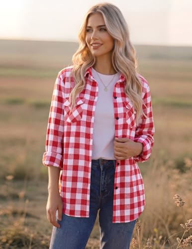 Zeagoo Womens Plaid Flannel Shirt, Roll up Long Sleeve Checkered Cotton Shirt,Watermelon Red,Medium - image 5