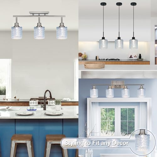 Image of 3 Pcs Blue Ripple Fitter Opening Lighting Fixture Replacements, E26 Base 1-5 /8 Inch Fitter Glass Shades Cover for Ceiling Fan Wall Light and Pendant Light